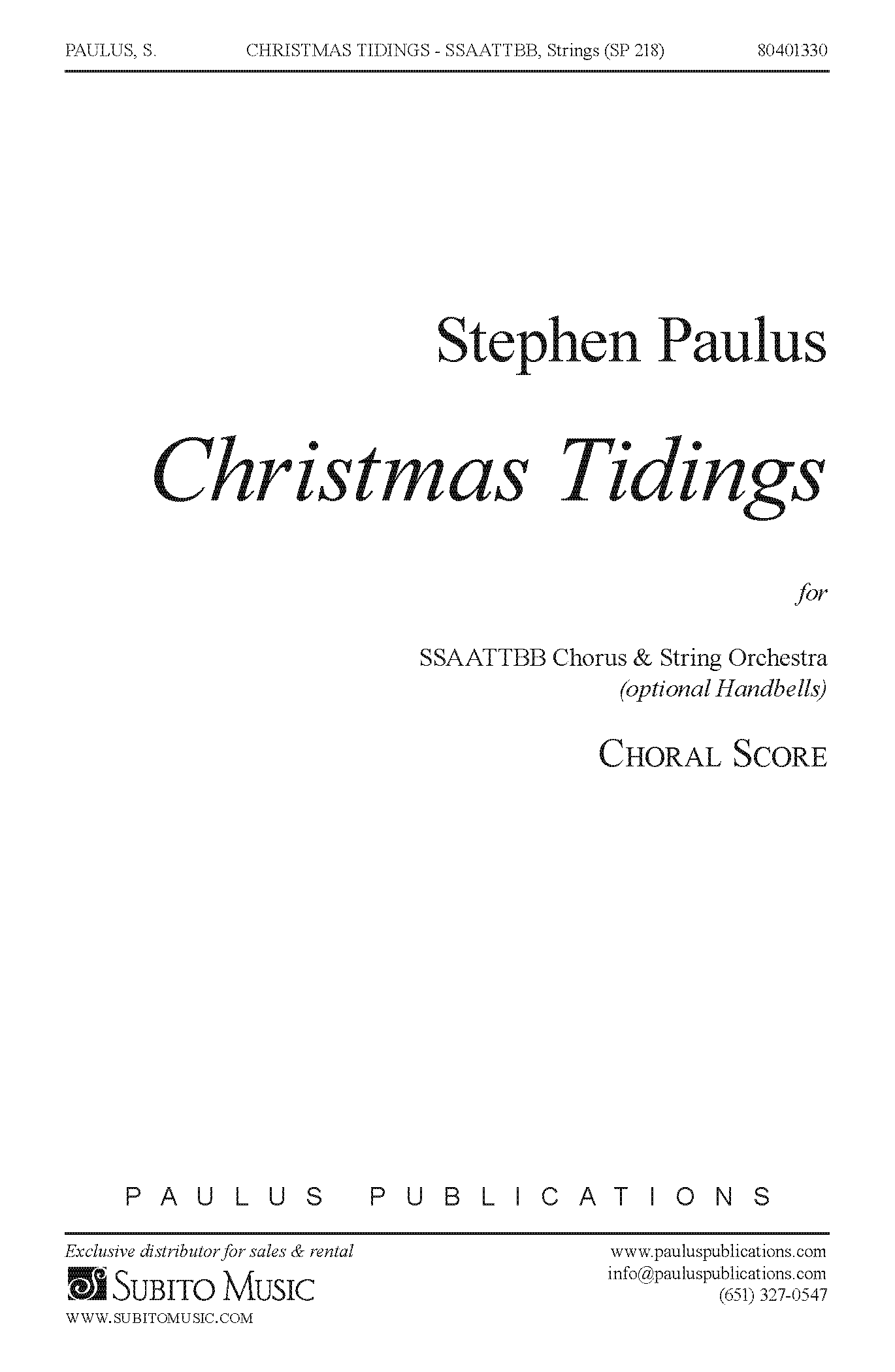 Christmas Tidings (score) for SSAATTBB Chorus & String Orchestra (opt. Handbells)